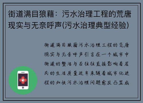 街道满目狼藉：污水治理工程的荒唐现实与无奈呼声(污水治理典型经验)