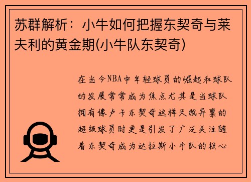 苏群解析：小牛如何把握东契奇与莱夫利的黄金期(小牛队东契奇)