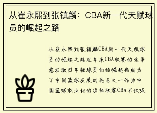 从崔永熙到张镇麟：CBA新一代天赋球员的崛起之路