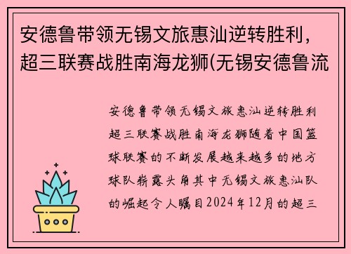 安德鲁带领无锡文旅惠汕逆转胜利，超三联赛战胜南海龙狮(无锡安德鲁流体控制有限公司)