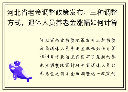 河北省老金调整政策发布：三种调整方式，退休人员养老金涨幅如何计算？