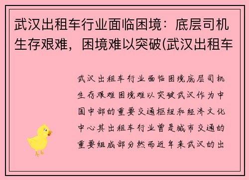 武汉出租车行业面临困境：底层司机生存艰难，困境难以突破(武汉出租车生意惨淡)