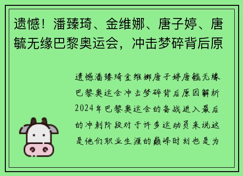 遗憾！潘臻琦、金维娜、唐子婷、唐毓无缘巴黎奥运会，冲击梦碎背后原因解析